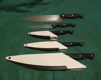 Pampered Chef 1st Generation 3 Piece Knife Set with Self Sharpening Cases - 8" Chef's, 5" Utility and 3" Paring - Good Condition