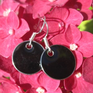 Black enamel earrings with silver-colored edge, medium size, cold enamel image 1