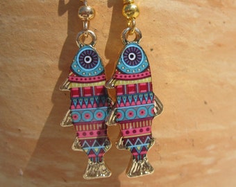 Earrings fish, blues and pinks, pattern