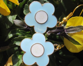 Enamel earrings flowers, light blue, retro, cold mail