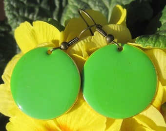 Round enamel earrings, green, light green, may green, large, cold enamel