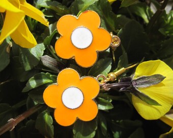 Enamel earrings blossoms, flowers, flowers, orange, retro, cold enamel