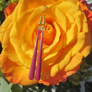 Enamel earrings long drops, violet, berry, cold enamel