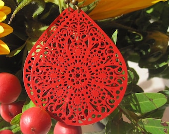 filigree drop earrings in red, lacquer, large, cold enamel