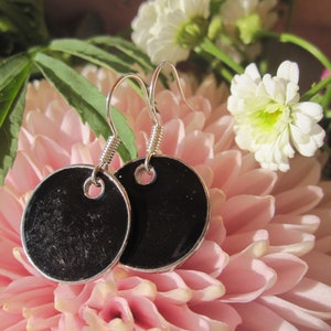 Black enamel earrings with silver-colored edge, medium size, cold enamel image 2