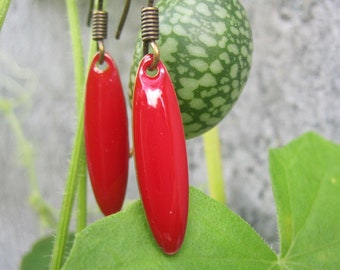 Enamel earrings red elongated oval, cold enamel