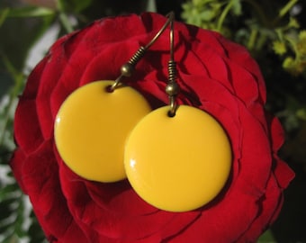 Enamel earrings yellow, yolk yellow, medium in size, cold enamel