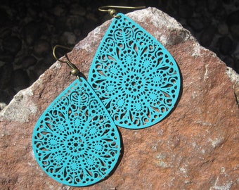 filigree drop earrings in dark turquoise, perforated pattern, floral, playful, lace, large, cold enamel