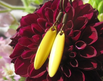 Yellow enamel earrings, elongated oval, cold enamel