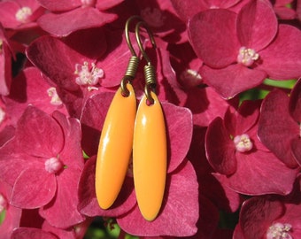 Orange enamel earrings, elongated oval, cold enamel