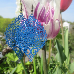 filigree drop earrings in blue, medium blue, glitter, large image 3