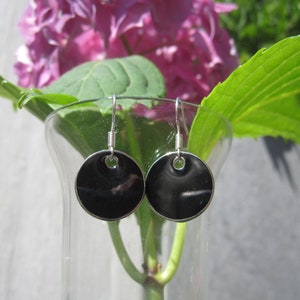 Black enamel earrings with silver-colored edge, medium size, cold enamel image 3