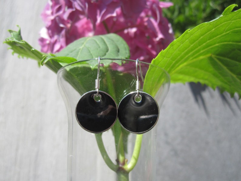 Black enamel earrings with silver-colored edge, medium size, cold enamel image 3