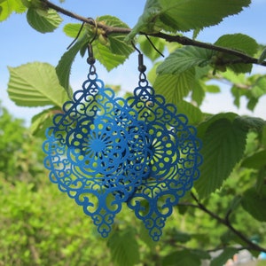 filigree drop earrings in blue, medium blue, glitter, large image 2