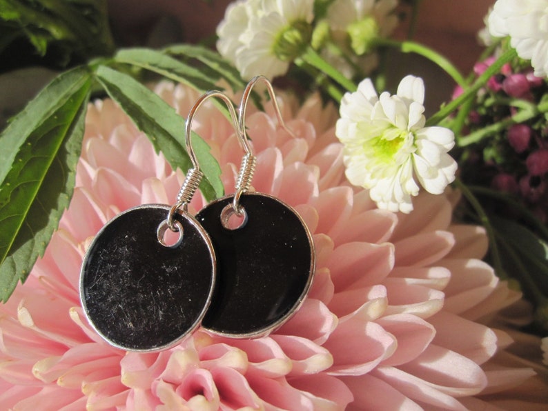 Black enamel earrings with silver-colored edge, medium size, cold enamel image 2