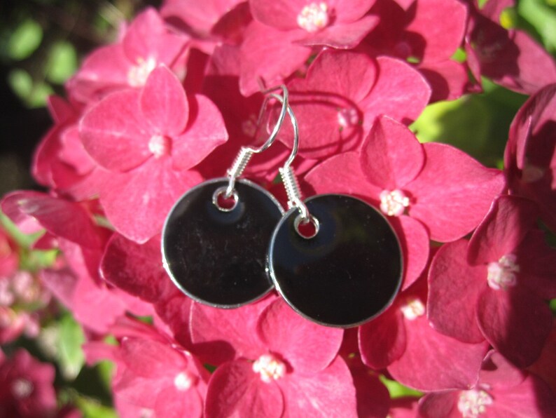 Black enamel earrings with silver-colored edge, medium size, cold enamel image 1