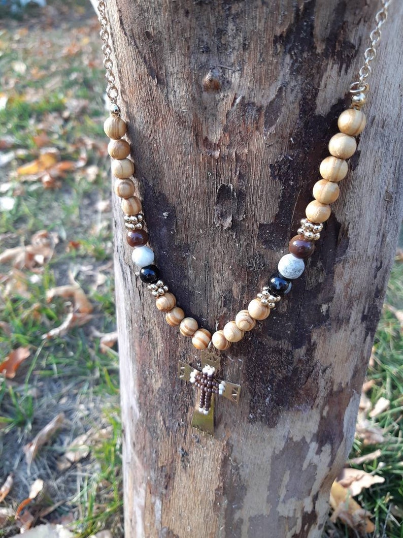 Cross Necklace Religious Necklace-Western Cross Necklace-Native Necklace Beaded Necklace Gold Cross Necklace Beadwork Cross