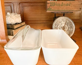 2 Westinghouse Milk Glass Loaf Pans with Clear Dome One Lid Beautiful Condition Pyrex Style cottage core