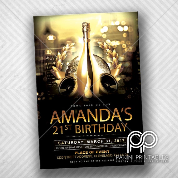 Black and Gold Invitation - Black and Gold Birthday Invite - 21st Birthday  - 25th Birthday - Club Birthday - Gold Birthday Invitation - Etsy