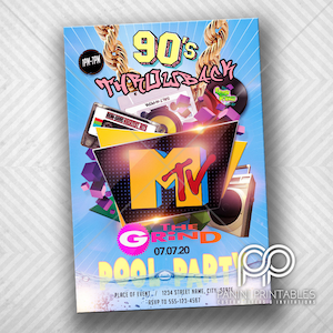 May include: A bright blue invitation with a 90's theme. The invitation features a large MTV logo, a cassette tape, a record player, and the text "90's Throwback The Grind Pool Party 07.07.20".