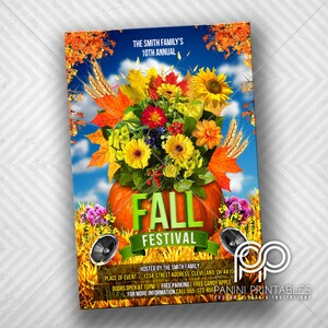 May include: A flyer for a Fall Festival hosted by the Smith Family. The flyer features a pumpkin with a bouquet of fall flowers, two speakers, and the text "Fall Festival".