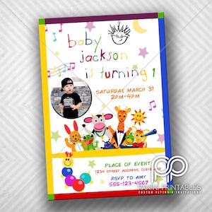 May include: A colourful invitation for a baby's first birthday party. The invitation features a photo of a baby boy, the words "baby Jackson is turning 1", and a cartoon image of characters from the children's television show "Baby Einstein". The invitation also includes the date and time of the party, the location, and contact information for RSVP.