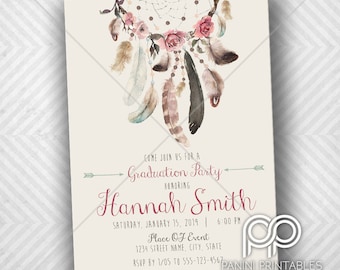 May include: A graduation party invitation with a watercolor dreamcatcher design featuring feathers and flowers in shades of pink, brown, and blue. The text reads "Come join us for a Graduation Party honoring Hannah Smith, Saturday, January 15, 2019 | 6:00 PM, Place of Event, 1234 Street Name, City, State, RSVP by 1/05 to 555-123-4567".