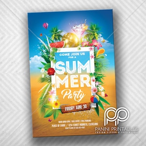 Könnte beinhalten: Eine farbenfrohe Einladung zu einer Sommerparty mit tropischem Thema. Die Einladung zeigt eine Strandszene mit Palmen, Blumen und einem Cocktailglas. Der Text auf der Einladung lautet "Kommen Sie zu uns zu einer Sommerparty, Freitag, 30. Juni".