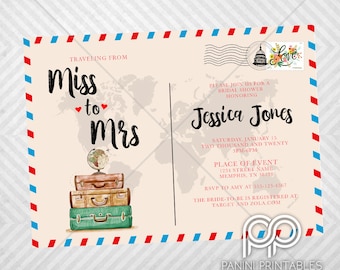 Traveling from Miss to Mrs. -  - Miss to Mrs - Postcard Invitation - Traveling Bridal Shower - Around the world invitation -
