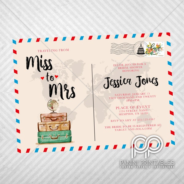 Reisen von Miss zu Frau - - Miss zu Frau - Postkarte Einladung - Traveling Brautdusche - rund um die Welt Einladung -