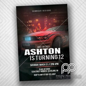 Puede incluir: Una invitación de cumpleaños negra y roja con un coche deportivo rojo en el fondo. El texto dice "Race on Over Ashton is Turning 12 Saturday, March 31 // 2PM-4PM Place of Event 1234 Street Address, Cleveland, OH RSVP to Amy at 555-123-4567 Panini Printables Custom Flyers & Invitations"