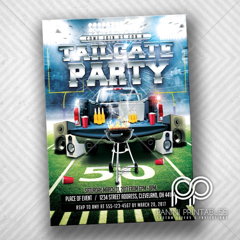 May include: A blue and white football tailgate party invitation with a pickup truck, grill, and speakers. The text reads "Come join us for a tailgate party" and includes the date, time, and location of the event.