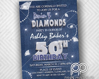 Denim and Diamonds - Denim and Diamonds Birthday Invitation - 50th Birthday Party - Diamond and Pearls - Denim birthday party