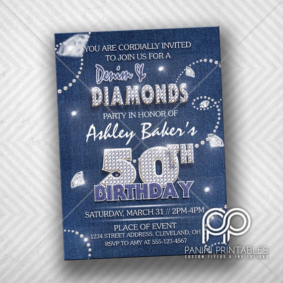 Denim and Diamonds - Denim and Diamonds Birthday Invitation - 50th Birthday Party - Diamond and Pearls - Denim birthday party