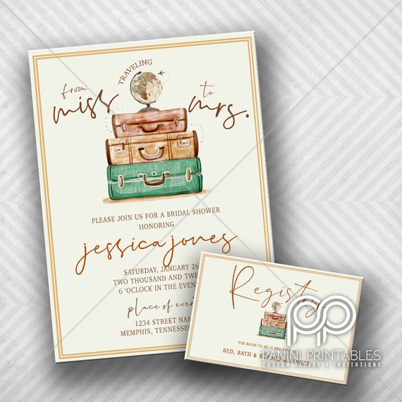 Travel Bridal Shower Invite - Miss to Mrs - Vintage Bridal Shower Invitation - Traveling Bridal Shower - Around the world invitation -