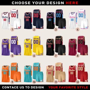 May include: A selection of customizable basketball jerseys and shorts in various colors, including white, black, blue, yellow, and red. Each jersey features the text "Custom" and the number "00", with options to personalize with a name. The image includes the text "CHOOSE YOUR DESIGN HERE".
