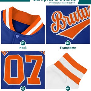 May include: A blue and orange baseball jacket with a white stripe on the collar and sleeves. The jacket has a button closure and a team name "Brutu" on the back. The jacket also has a number "07" on the back.