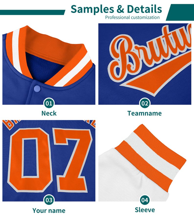 May include: A blue and orange baseball jacket with a white stripe on the collar and sleeves. The jacket has a button closure and a team name "Brutu" on the back. The jacket also has a number "07" on the back.