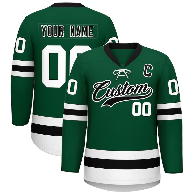 May include: A green hockey jersey with white and black accents. The jersey features the text "Custom" in a script font, the number "00", and the text "YOUR NAME" on the back. The jersey has a black collar and white stripes on the sleeves.