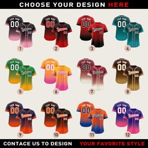 May include: Twelve different baseball jersey designs with a gradient color scheme. Each jersey has a white pinstripe pattern and features a number "00" on the front and back. The text "Your Name" and "Teamname" are also included on the jerseys.