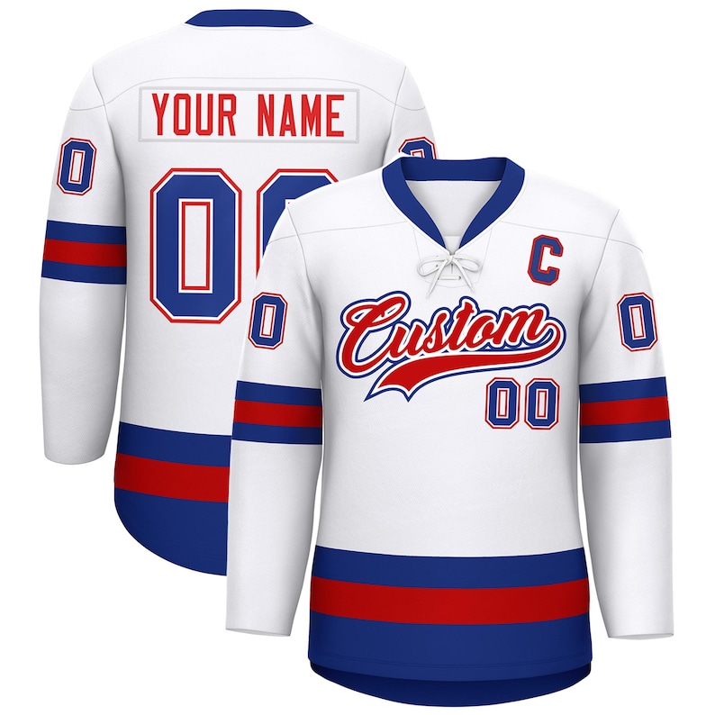 May include: White hockey jersey with blue and red accents. The jersey features the word "Custom" in red script, the number "00" in blue, and the text "YOUR NAME" on the back. The jersey has a V-neck and long sleeves.