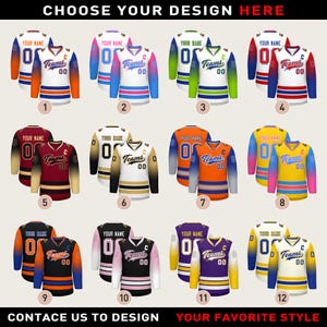 Camiseta de hockey con degradado, estilo clásico universitario, impresa a medida, con nombre y número personalizados y logotipo.