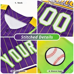 May include: Close-up of a purple and green baseball jersey with white stitching. The jersey has a yellow stripe on the collar and sleeves. The jersey has a number "00" on the front, the word "YOUR" on the chest, and a baseball logo on the sleeve.