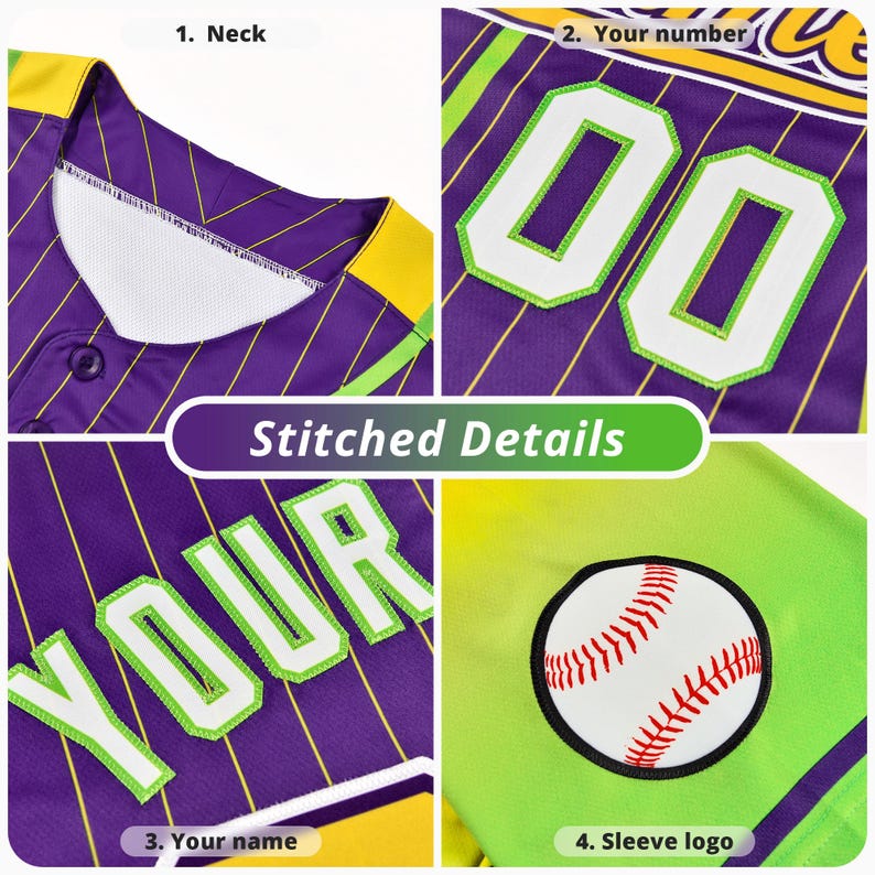 May include: Close-up of a purple and green baseball jersey with white stitching. The jersey has a yellow stripe on the collar and sleeves. The jersey has a number "00" on the front, the word "YOUR" on the chest, and a baseball logo on the sleeve.