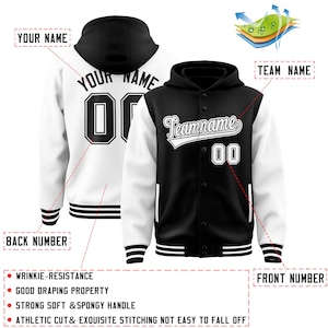 May include: A black and white baseball jacket with a hooded sweatshirt underneath. The jacket has a white stripe down the sleeves and a black stripe down the front. The jacket has the text "Teamname" and "00" on the front. The jacket has the text "Your Name" on the back.