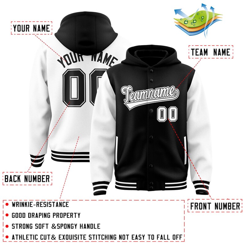 May include: A black and white baseball jacket with a hooded sweatshirt underneath. The jacket has a white stripe down the sleeves and a black stripe down the front. The jacket has the text "Teamname" and "00" on the front. The jacket has the text "Your Name" on the back.