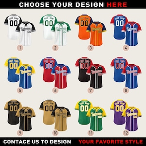 May include: A selection of baseball jerseys in diverse colours, such as black, white, orange, blue, red, green, and gold. Each jersey displays a team name, the number "00", and customisable design options. The text "CHOOSE YOUR DESIGN HERE" is at the top.