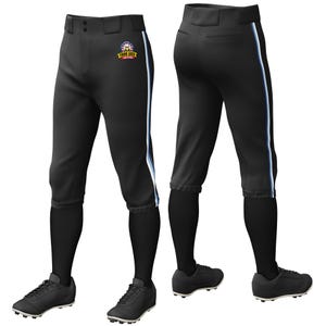 May include: Black baseball pants with white and blue stripes down the sides. The pants have a button fly and belt loops. There is a small logo on the right leg.