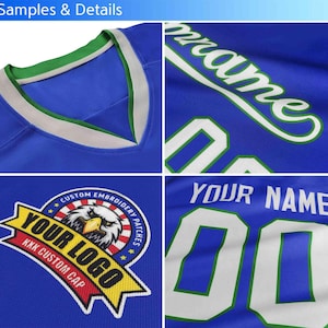 May include: Close-up shots of a blue jersey with white and green accents. Details include a V-neck collar, the word "prame", the text "YOUR NAME" and the number "00". A patch with an eagle and the text "YOUR LOGO" is also visible.