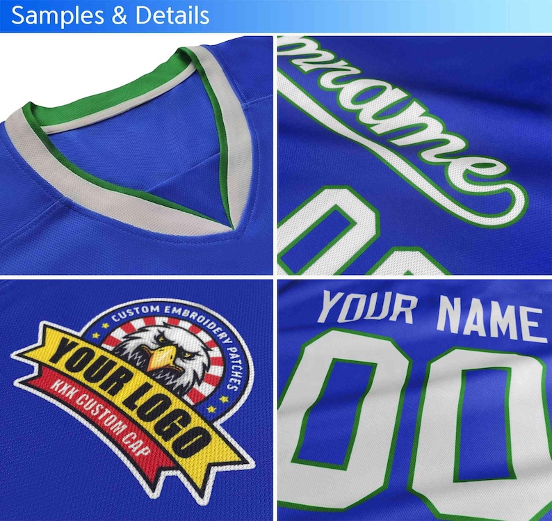 May include: Close-up shots of a blue jersey with white and green accents. Details include a V-neck collar, the word "prame", the text "YOUR NAME" and the number "00". A patch with an eagle and the text "YOUR LOGO" is also visible.